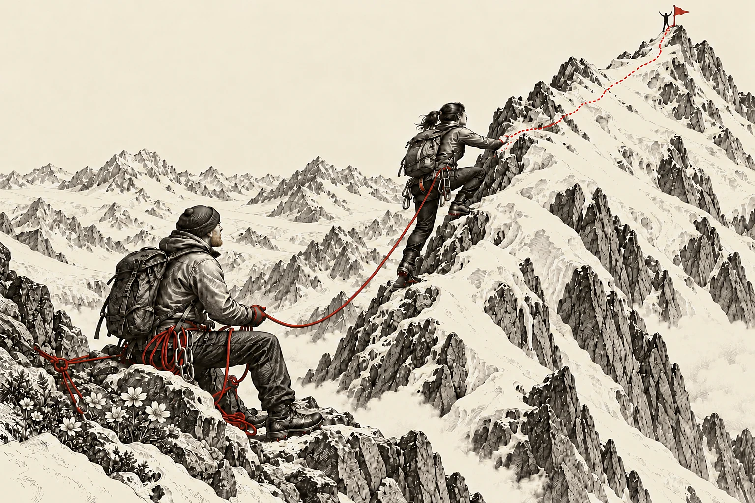 Engraving of a woman leading a steep climb while an experienced climber belays her from below; the red rope becomes a dotted path to the summit, where a climber stands by a red flag with arms raised